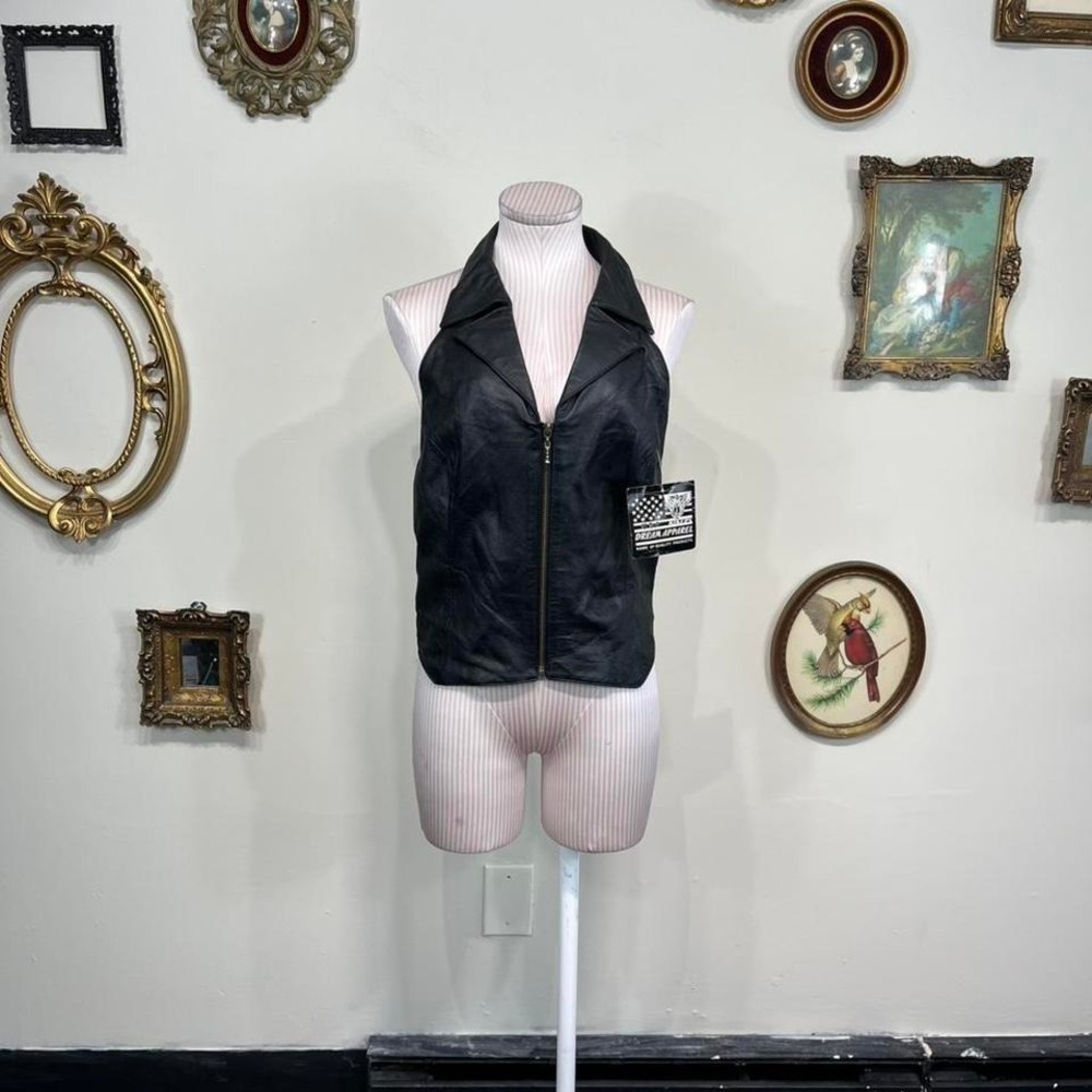 Vintage USA Biker Dream Apparel Women Leather Halter Vest Black Zip Front XL New
